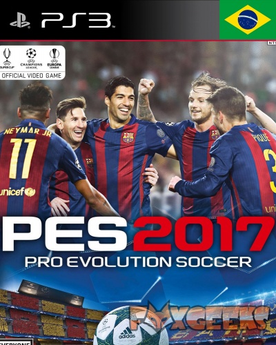 Capa do jogo PES 2017 para PS3 com jogadores do FC Barcelona e bandeira do Brasil