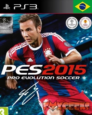 Capa do jogo PES 2015 Pro Evolution Soccer para PS3 com jogador vestindo camisola azul e vermelha