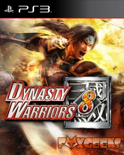 Capa do jogo PS3 Dynasty Warriors 8 com guerreiro em armadura e logótipo FOXGEEKS