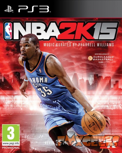 Capa do jogo NBA 2K15 PS3 com jogador de basquetebol em uniforme azul e bola Spalding