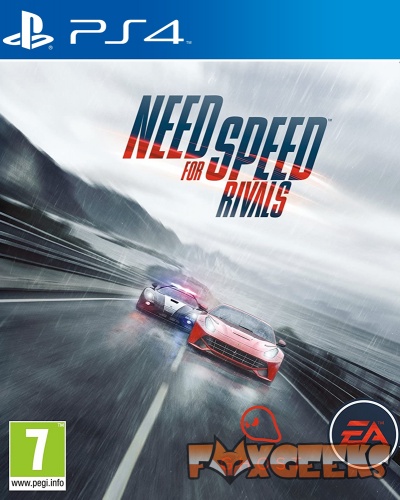 Capa do jogo Need for Speed Rivals para PS4 com dois carros a alta velocidade em estrada molhada