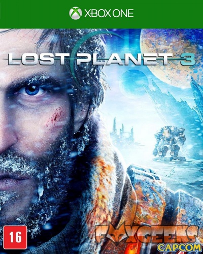 Capa do jogo Lost Planet 3 para Xbox One com rosto congelado de homem e cenário gelado