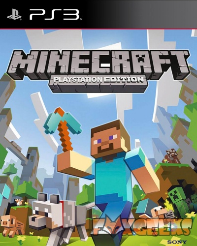 Capa do jogo Minecraft PlayStation 3 com personagem pixelizado e animais em cenário de blocos