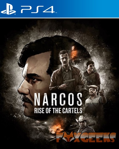 Capa do jogo Narcos Rise of the Cartels para PS4 com personagens e fogo