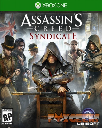 Capa do jogo Assassin's Creed Syndicate para Xbox One com personagens vitorianos e Big Ben ao fundo