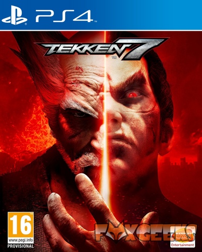 Capa do jogo PS4 Tekken 7 com dois personagens masculinos e fundo vermelho lava