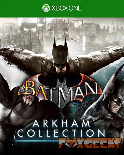 Capa Xbox One Batman Arkham Collection com Batman em várias poses e logo FoxGeeks