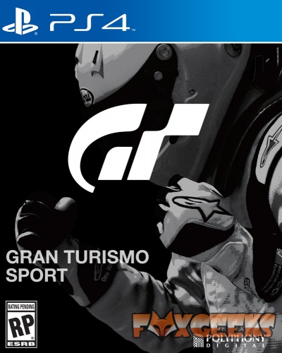 Capa do jogo Gran Turismo Sport para PS4 com piloto de corrida em preto e branco.