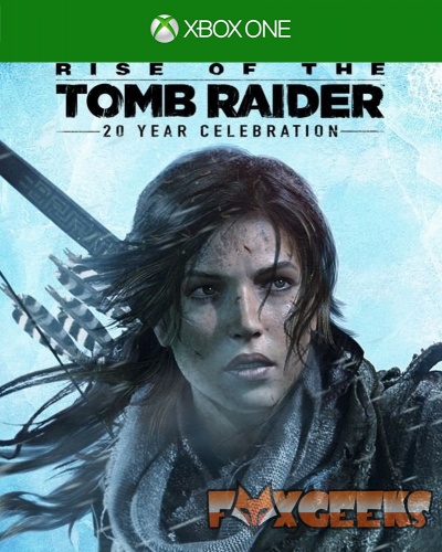 Capa do jogo Xbox One Rise of the Tomb Raider com imagem da personagem principal e texto FOXGEEKS