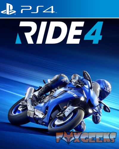 Capa do jogo RIDE 4 para PS4 com motociclista azul e logo FOXGEEKS