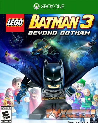Capa do jogo LEGO Batman 3 Beyond Gotham para Xbox One com figura Lego do Batman e outros personagens DC Comics