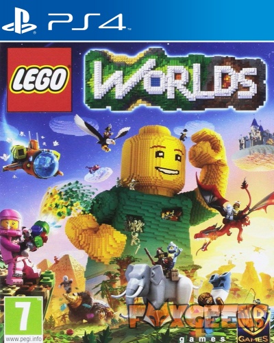 Capa do jogo PS4 LEGO Worlds com personagens e cenários LEGO coloridos sobre fundo azul e amarelo