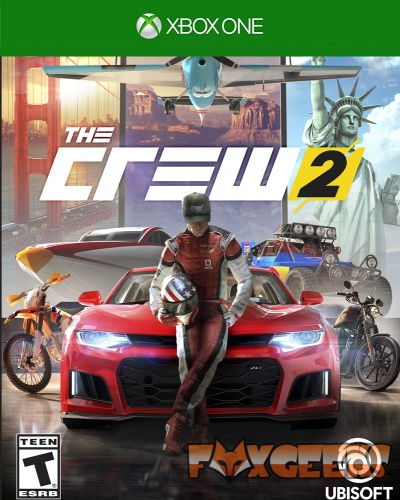 Capa do jogo Xbox One The Crew 2 com piloto, carro desportivo, motas, avião e Estátua da Liberdade