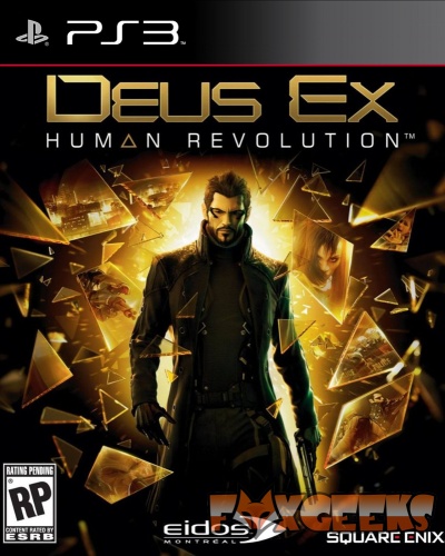 Capa do jogo Deus Ex Human Revolution para PS3 com personagem masculino e fundo dourado