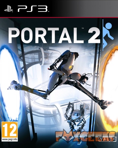 Capa do jogo Portal 2 para PS3 com dois robôs e portais coloridos