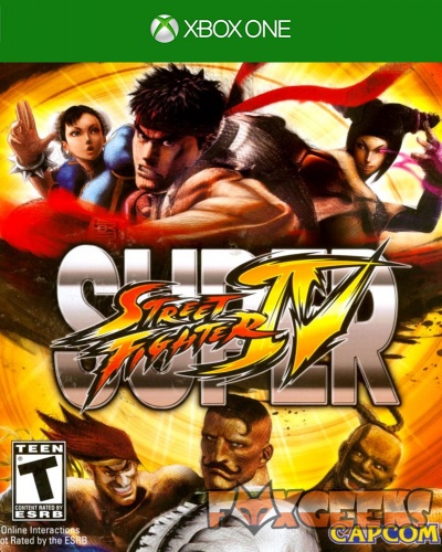 Caixa de jogo Xbox One Super Street Fighter IV com personagens e logos.