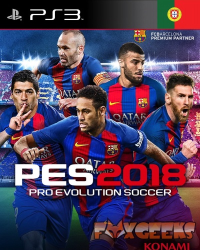 Capa videojogo PES 2018 com jogadores do FC Barcelona e logótipos relevantes