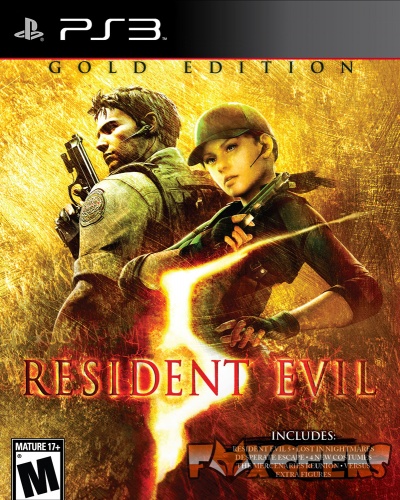 Capa do jogo Resident Evil 5 Gold Edition PS3 com personagens e detalhes dourados