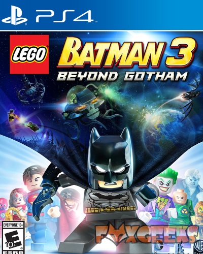 Capa do jogo PS4 LEGO Batman 3 Beyond Gotham com personagens LEGO e fundo espacial