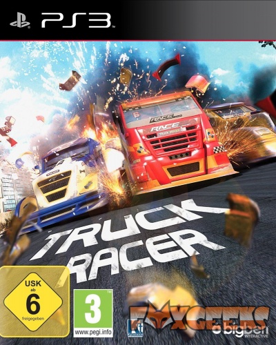 Capa do jogo Truck Racer para PS3 com dois camiões vermelhos e azuis em corrida com explosões e faíscas