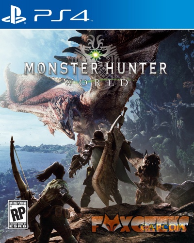 Capa do jogo PS4 Monster Hunter World com personagens e dragão