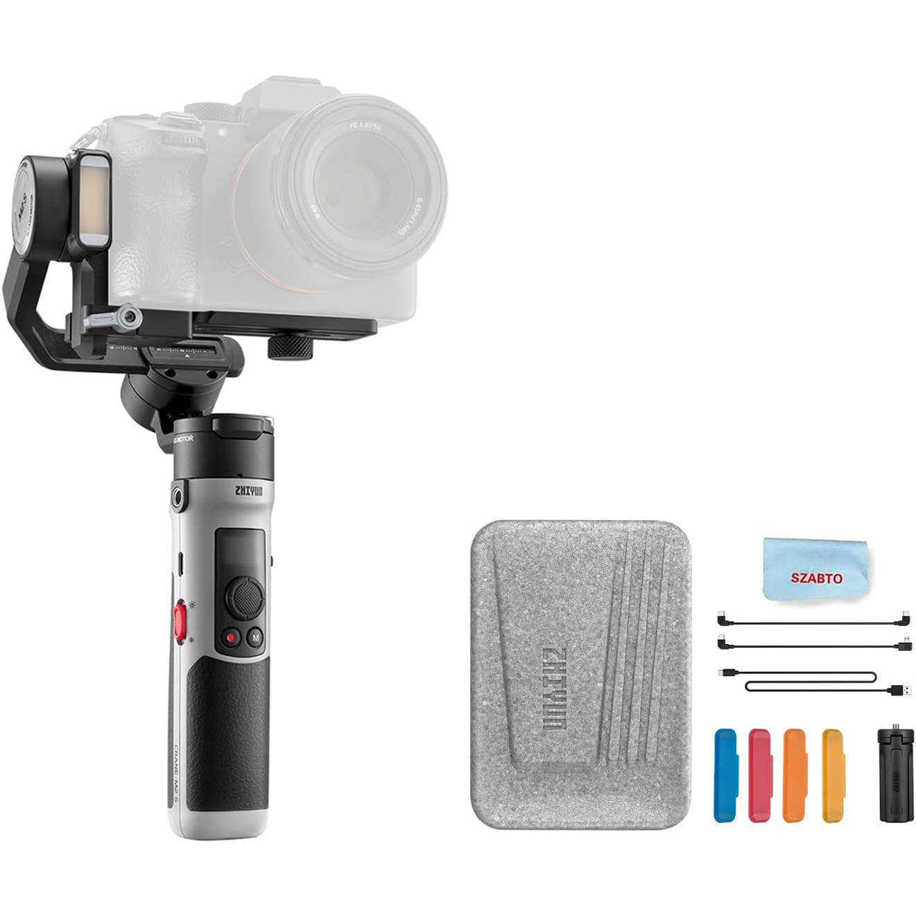 Gimbal Zhiyun Crane M2S para Sony, Fujifilm, Nikon, Canon, Panasonic ou smartphone 3 eixos estabilizador Conjunto estabilizador de câmara PTZ com acessórios e bolsa cinza