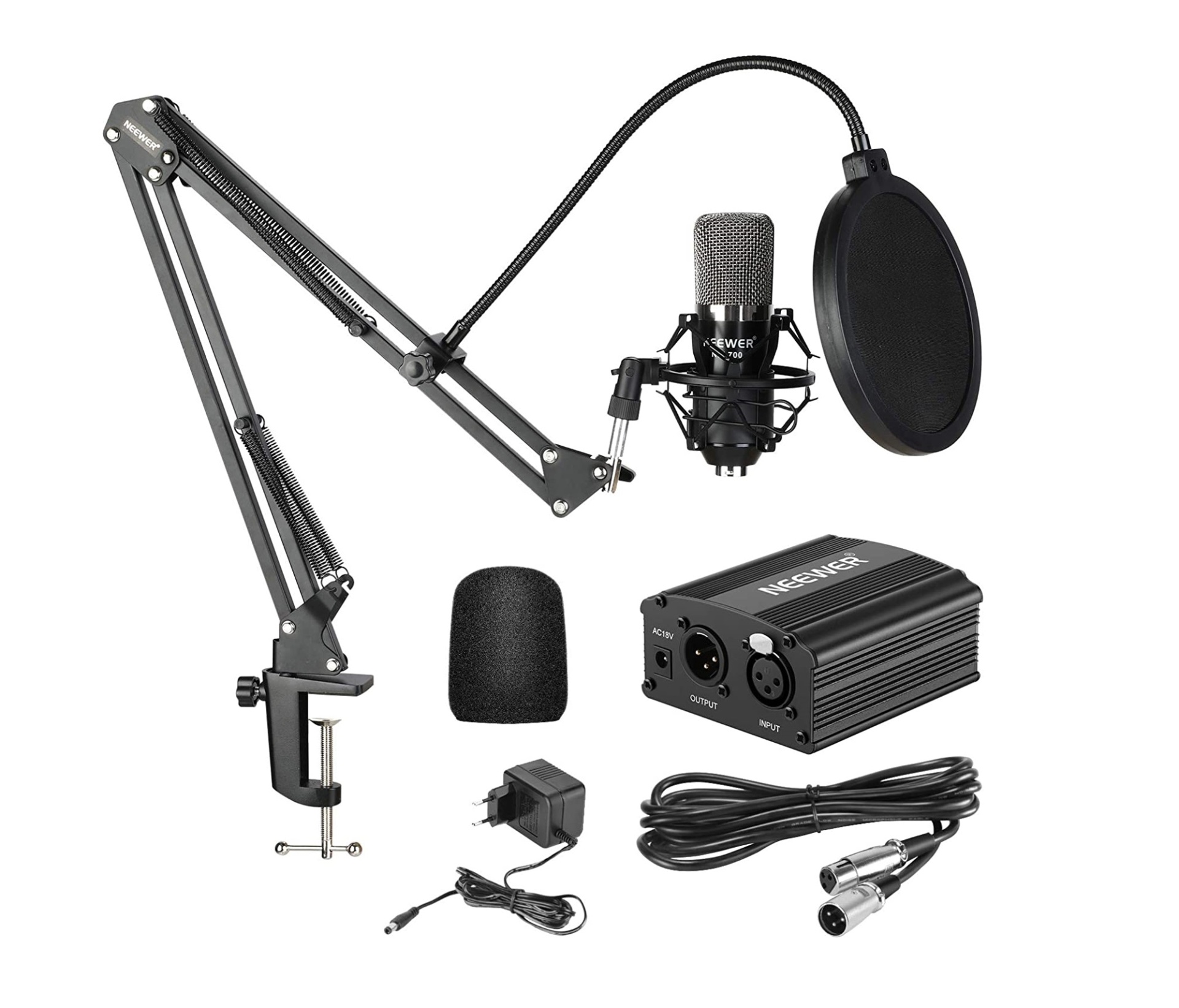 Microfone condensador + acessórios e fonte de alimentação Kit de gravação áudio com microfone condensador, suporte, filtro pop, interface e cabos