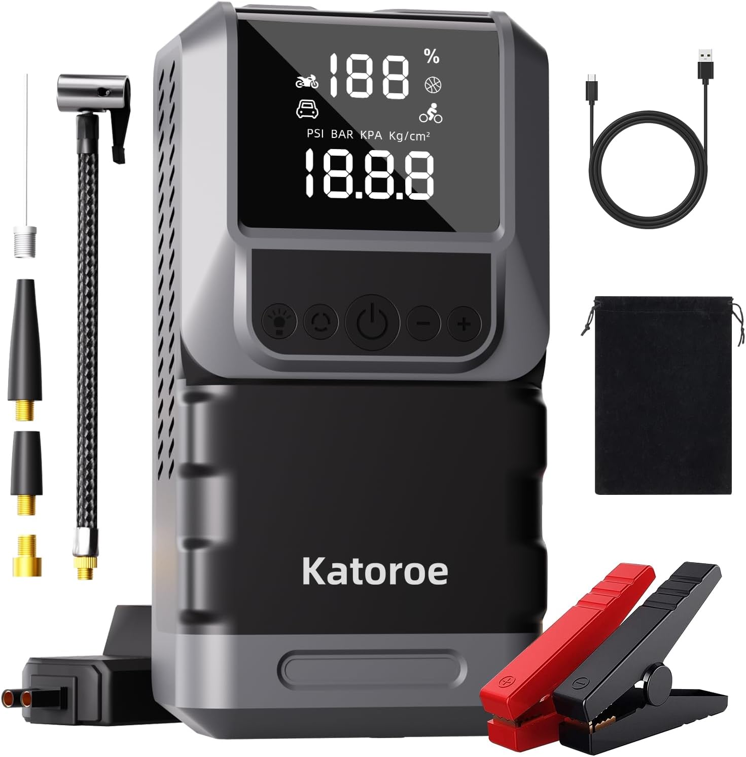 Arrancador de carro 6000A Booster Bateria Portátil 12V, Compressor Ar 150PSI Power Bank Arranque Emergência Compressor portátil Katoroe com ecrã digital e acessórios