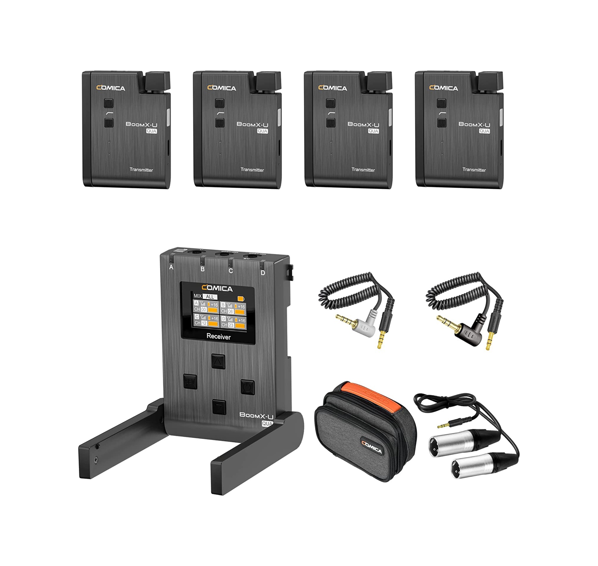 Microfone sem fios lavalier UHF 96 ch lapela 4 transmissores 1 recetor Equipamento áudio Comica para gravação com transmissores, receptor, cabos e estojo