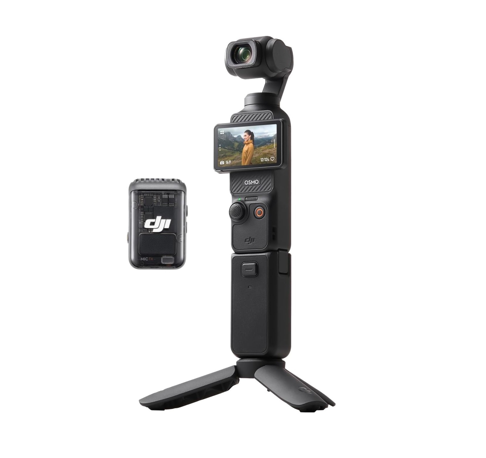 DJI Osmo Pocket 3 Creator Combo Câmara DJI Osmo Pocket preta com suporte tripé e acessório DJI