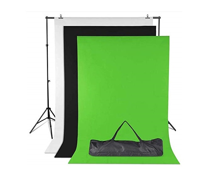 Kit fundos algodão estúdio fotográfico e estrutura fotografia e vídeo Três fundos fotográficos em tecido branco, preto e verde com suporte metálico e bolsa preta.