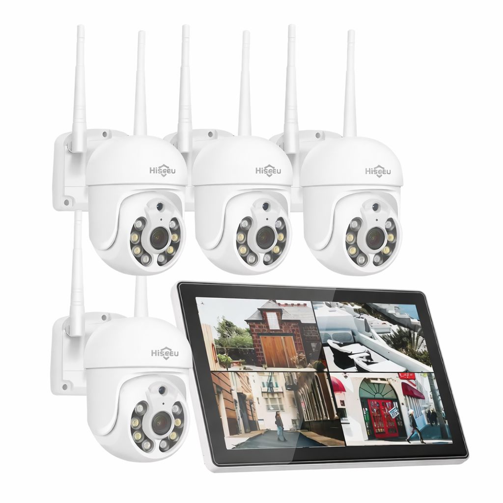 Kit CCTV câraras rotativas WiFi videovigilância ecrã 10" de 10CH 4 câmaras 1536P Câmaras de segurança brancas com monitor a mostrar vídeo