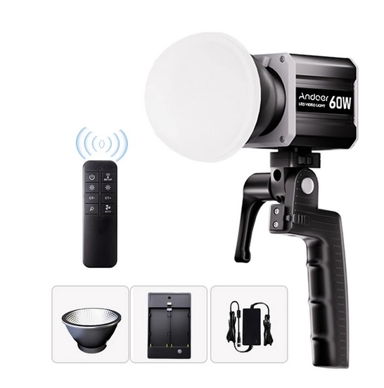 Iluminador bicolor LED 60W difusor bola Flash de estúdio Andoer 60W com difusor branco, punho preto e controlo remoto