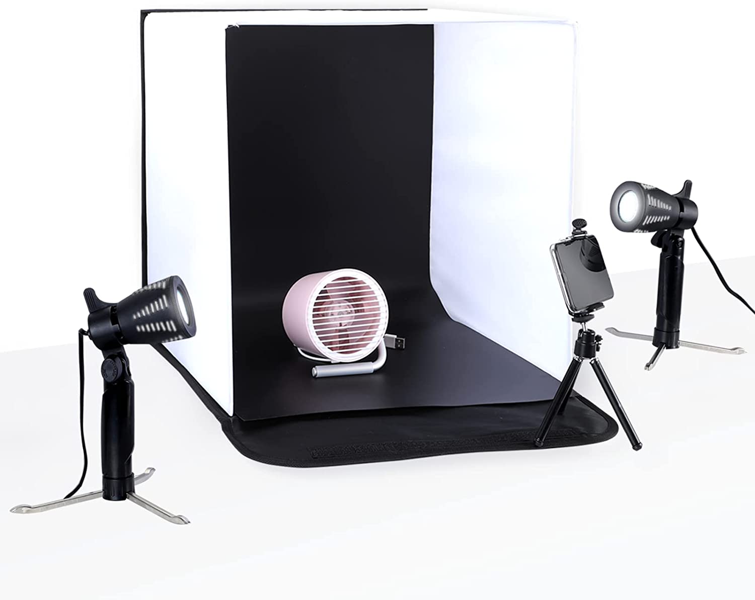 Cópia de Caixa fotografia produto box portátil 40 x 40 com 3 fundos e 2 focos iluminação Tenda de fotografia portátil com ventilador rosa e luzes de estúdio