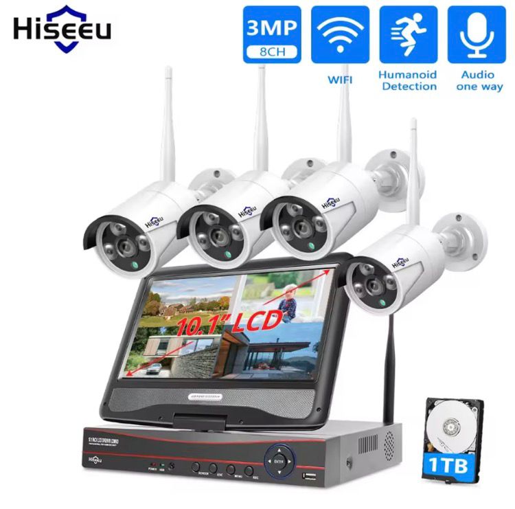 Kit CCTV WiFi videovigiIância com ecrã 10" de 10CH 4 câmaras 1536P Sistema de vigilância com quatro câmaras, monitor LCD e disco rígido 1TB