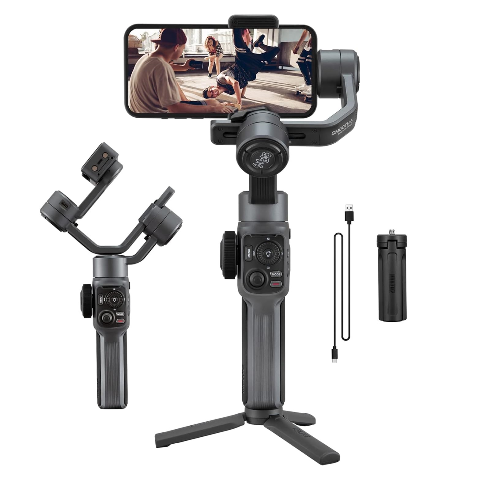 Estabilizador Zhiyun Smooth 5 Gimbal para iPhone ou Android Gimbal estabilizador cinzento para smartphone com tripé e acessórios
