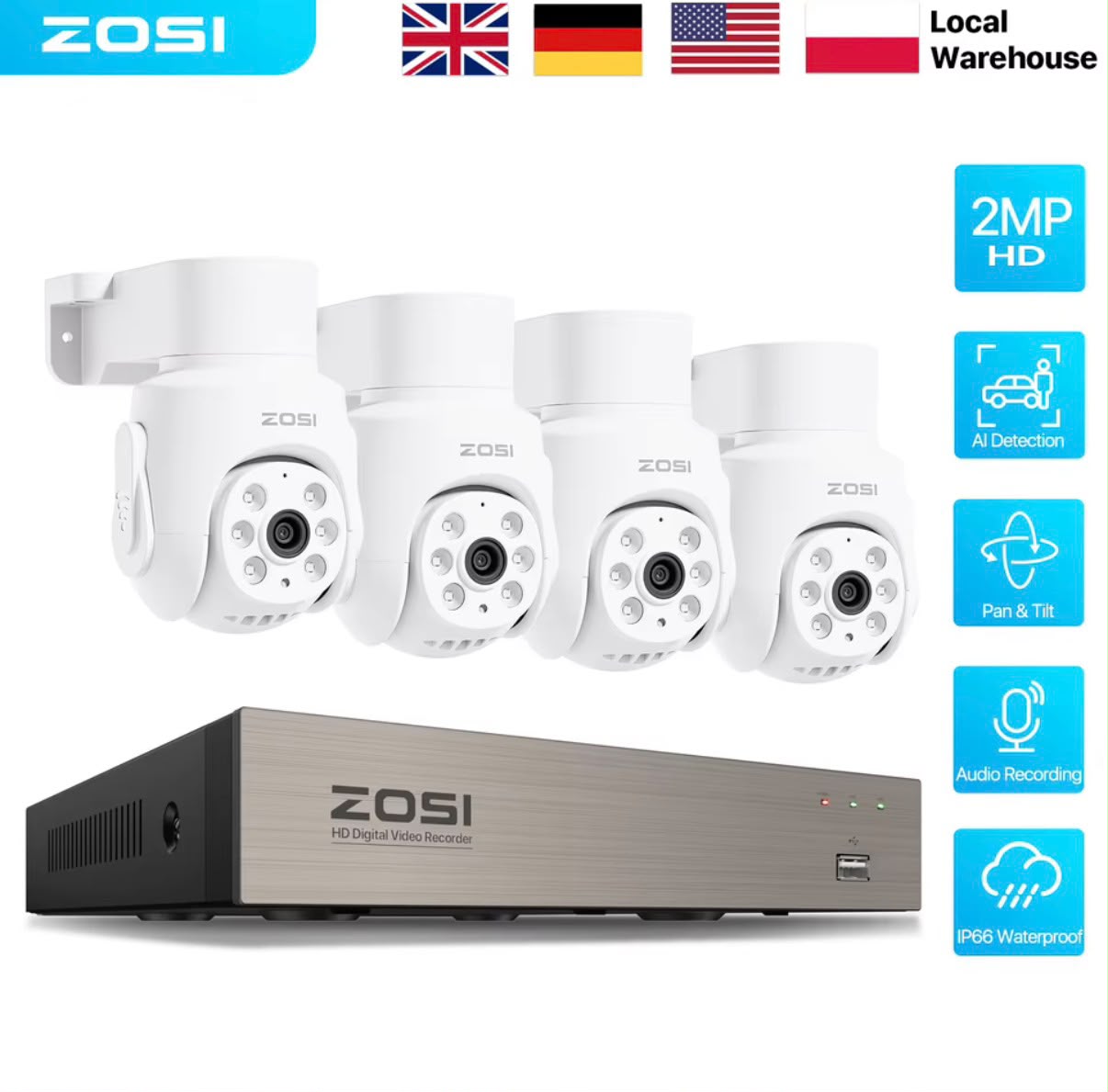 Kit de 4 / 8 câmaras de vigilância rotativas por cabo interior / exterior Conjunto de câmaras de segurança ZOSI brancas e gravador digital HD
