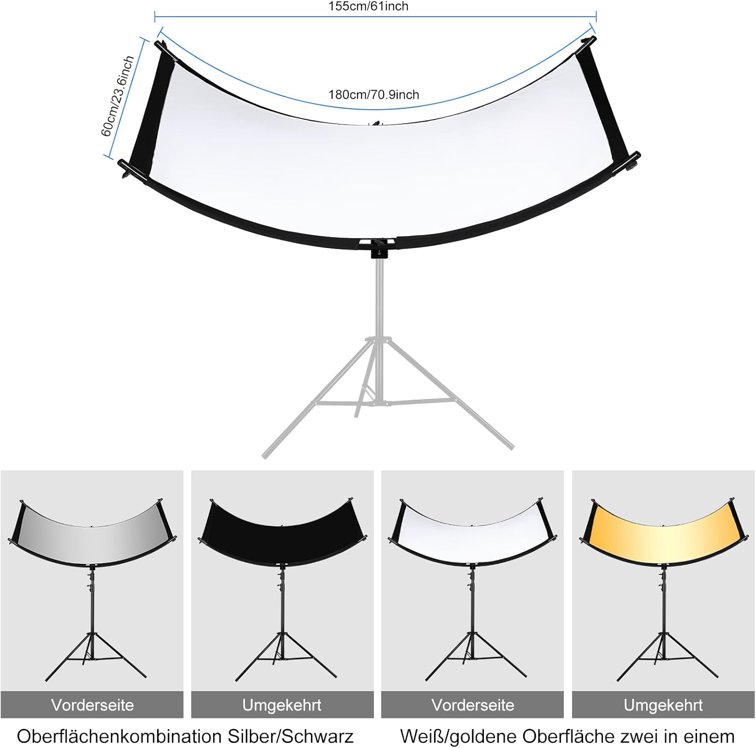Difusor Clamshell fotografia estúdio, preto/branco/dourado/prateado 180x60cm refletor Difusor de luz fotográfico curvo com suporte e múltiplas superfícies coloridas