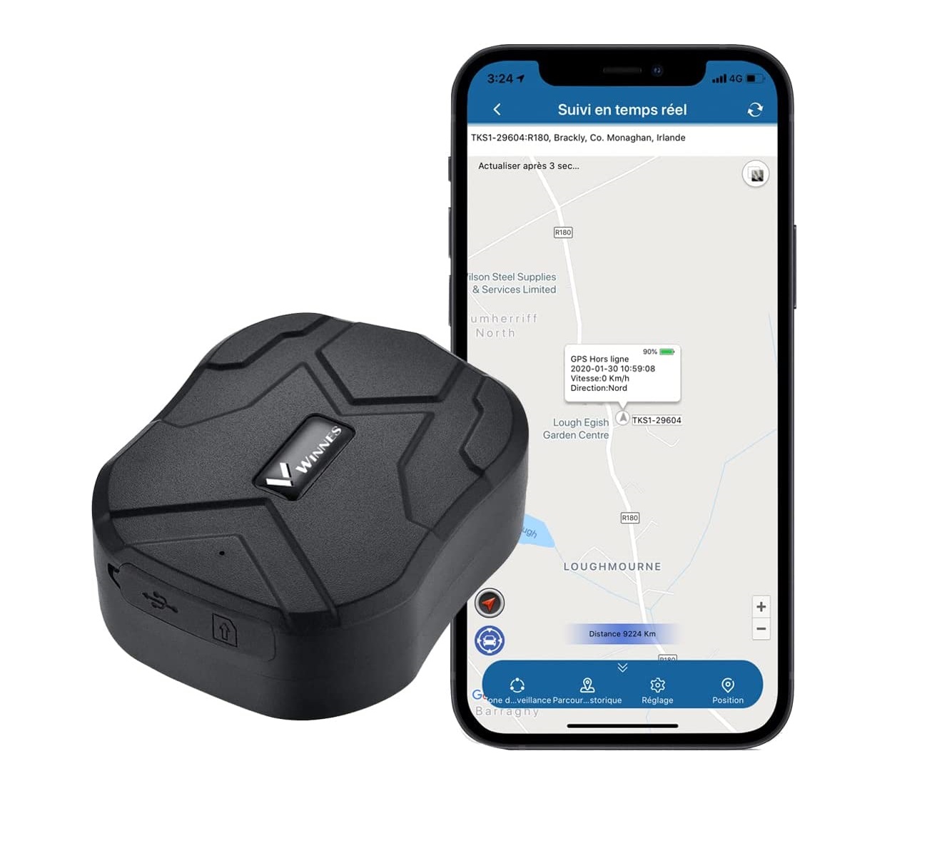 Localizador GPS grande autonomia 10000mAh à prova de água TK905B Dispositivo de rastreamento preto junto com smartphone mostrando mapa e localização em tempo real