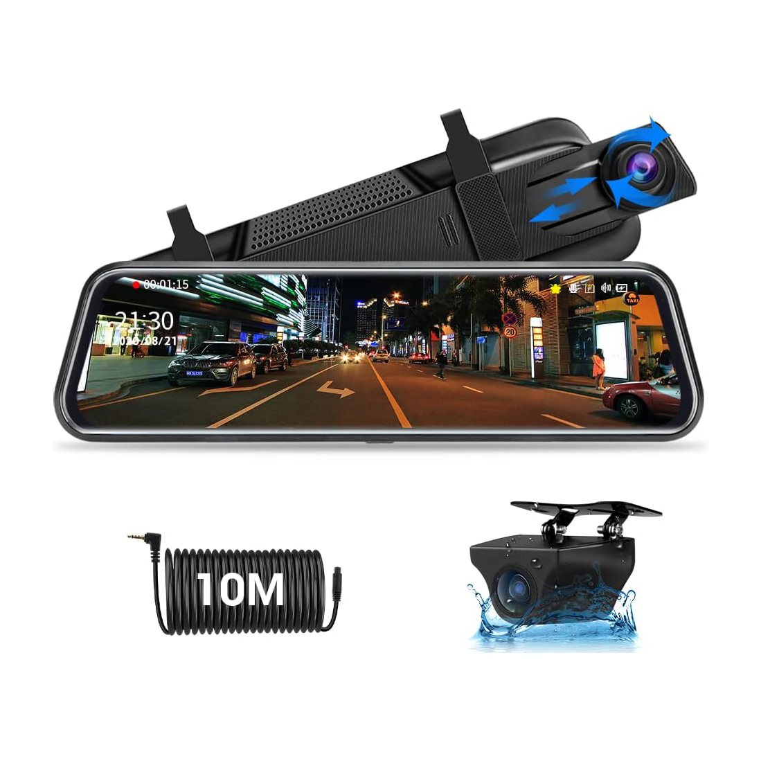 Câmara espelho retrovisor carro ecrã 10" IPS touch FHD 1080p 170º + câmara traseira cabo 10m Espelho retrovisor digital com câmara traseira e cabo 10M