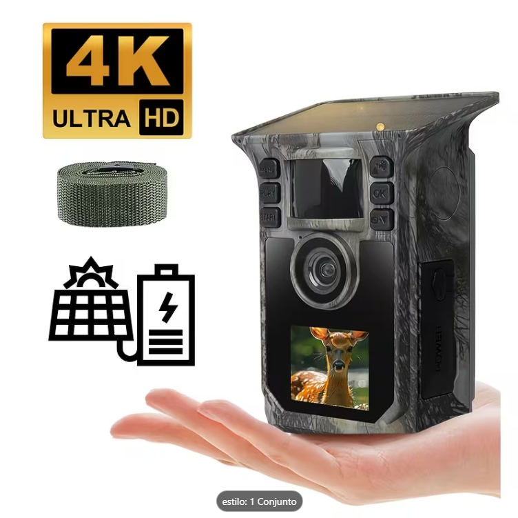 Câmara portátil solar compacta noturna impermeável para caça bateria e monitor incluido Câmara de vigilância camuflada com visor LCD mostrando cervo e ícones 4K e solar