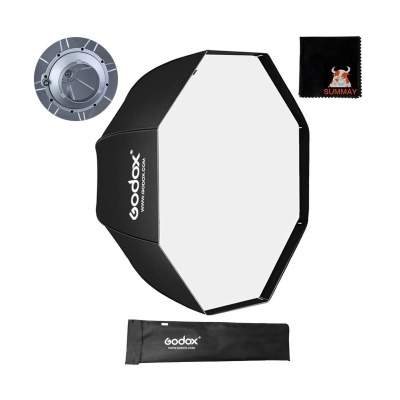 Conjunto de iluminação fotográfica Godox com softbox octogonal, disco metálico, pano de limpeza e estojo preto.
