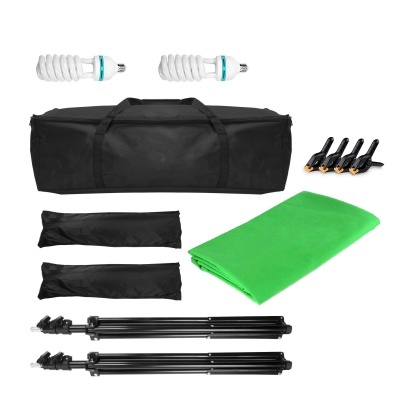 Equipamento para estúdio fotográfico com lâmpadas, tripés, pano verde e bolsa preta