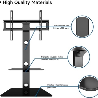 Suporte de TV preto com base de vidro temperado e prateleira triangular