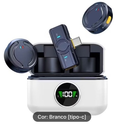 Auscultadores sem fios pretos com estojo branco e adaptador USB tipo-C