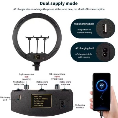 Anel de luz LED preto com suportes e portas de carregamento