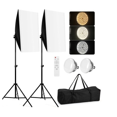 Conjunto de iluminação de estúdio com softboxes, lâmpadas LED, telecomando e mala de transporte