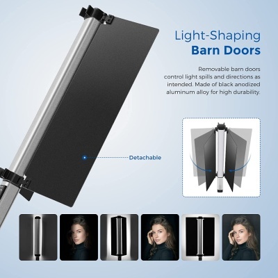 Portas de celeiro de alumínio preto para controlo de luz com descrição em inglês e imagens de modelo feminino