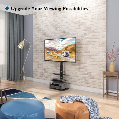 Suporte de TV preto numa sala moderna com parede de tijolos claros e decoração minimalista