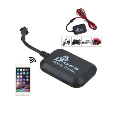 Rastreador GPS Vehicle Tracker preto com cabos e ícones de veículos e smartphone.